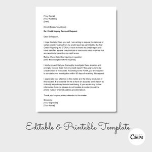 Carta de eliminación de consulta de crédito, carta de reparación de crédito, eliminación de consulta dura, disputa de crédito, PDF