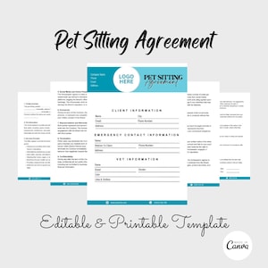 Op de afbeelding: Bewerkbare sjabloon voor een overeenkomst voor huisdierenoppas met secties voor klantgegevens, noodcontactgegevens en dierenartsgegevens. De sjabloon is blauw en wit en bevat de tekst "Pet Sitting Agreement".