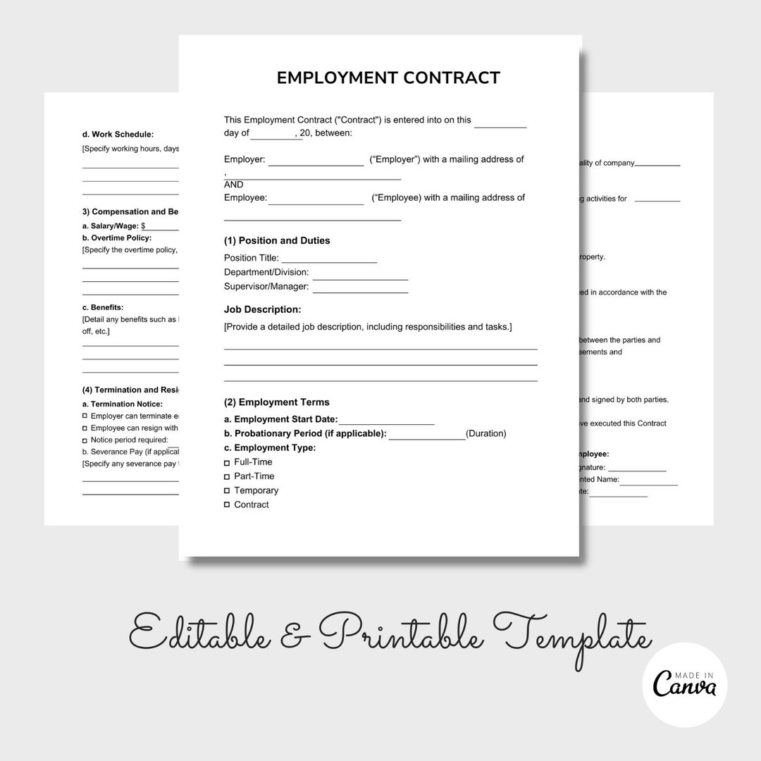 Employment Contract Agreement, Printable Employment Contract Template Employment Contract Agreement, Printable Employment Contract Template