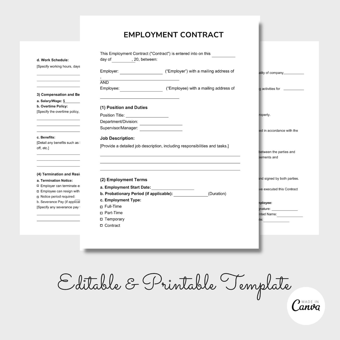Employment Contract Agreement, Printable Employment Contract Template ...