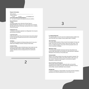 May include: A black and white document with the title "Payment Information" and a section titled "Terms and Conditions Acknowledgment". The document outlines the terms and conditions for a daycare, including tuition fees, late pick-up fees, holiday policies, and vacation policies.