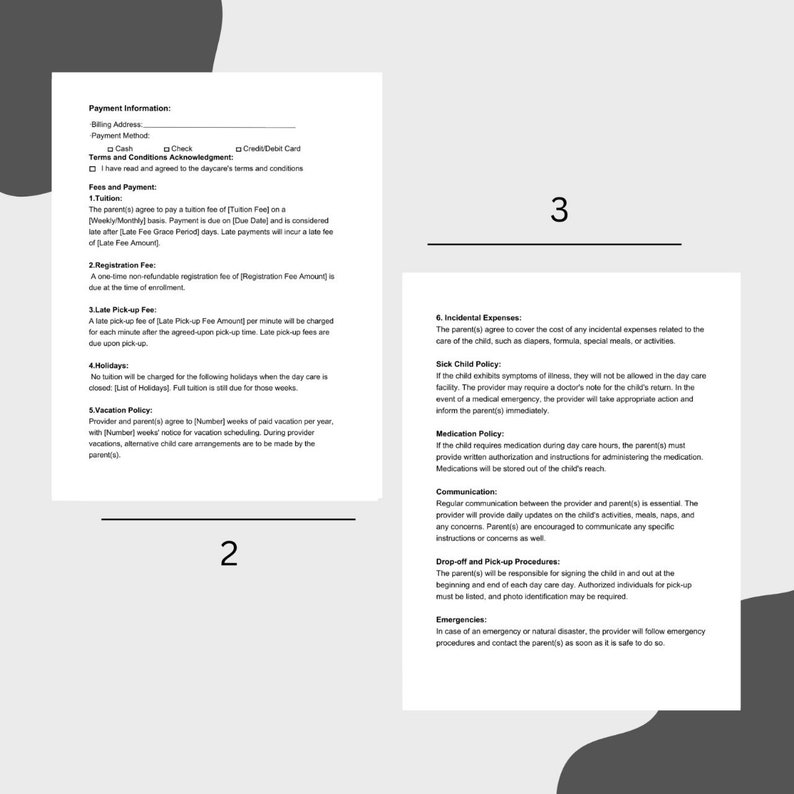 May include: A black and white document with the title "Payment Information" and a section titled "Terms and Conditions Acknowledgment". The document outlines the terms and conditions for a daycare, including tuition fees, late pick-up fees, holiday policies, and vacation policies.