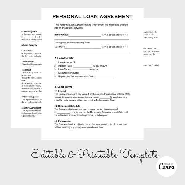 Personal Loan Agreement, Loan Agreement, Loan Template, Loan Agreement, Promissory Note, Loan Contract