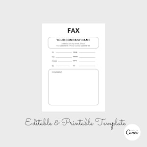 Könnte beinhalten: Eine schwarz-weiße Faxvorlage mit dem Text "FAX" oben und "YOUR COMPANY NAME" in einem Kasten darunter. Die Vorlage enthält Felder für "TO", "FAX", "PHONE", "FROM", "PAGES", "DATE", "COMMENT", "RR" und "CC".