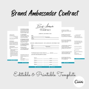 May include: Editable Brand Ambassador Contract template with sections for owner and influencer information. The template includes a section for the influencer to agree to a minimum number of posts per platform.