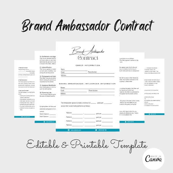 Brand Ambassador Contract, Social Media Influencer Contract, Brand Ambassador Agreement, Influencer Agreement, Editable Canva Contract