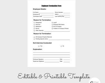 Employee Termination Form, Printable Employee Termination Form, HR Terminate Employee Form, PDF