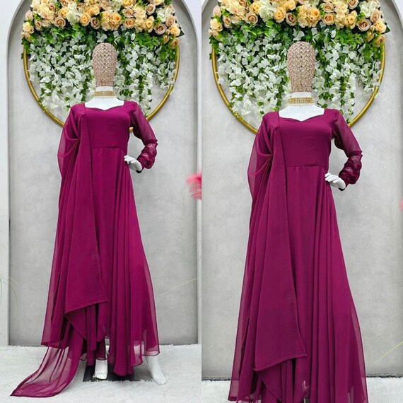 Buy Women georgatte ptinted Full Sleeve Fancy Long Gown with Dupatta  (115_Purple_Mini_Flower_l) at Amazon.in