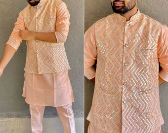 Handmade Elegant Jodhpuri Koti set Nehru Modi Jacket with Kurta Pajama Set | Free Personalisation | For Marriage Functions Festivals