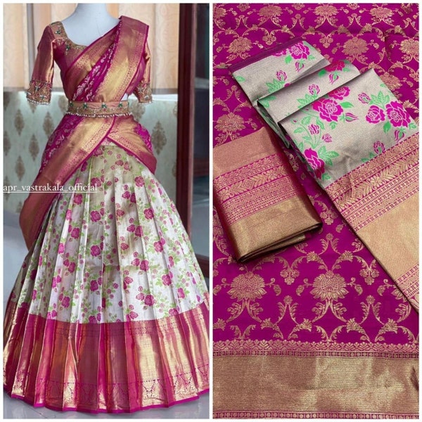 Demi-sari Lehenga en soie de créateur Kanjivaram avec chemisier en soie Banarasi Mariage sud de l'Inde pour femme Saree Lengha Classic Wear Lehenga pour femme