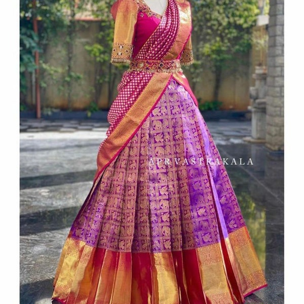 Designer Kanjivaram Silk Half Saree Lehenga With Banarasi Silk Blouse South Indian Wedding Woman Saree Lengha Classic Wear Lehenga for women