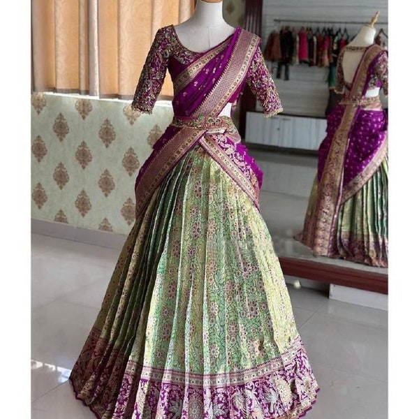 Designer Kanjivaram Seidenhalbsari Lehenga mit Banarasi-Seidenbluse Südindische Hochzeitsfrau Saree Lengha Classic Wear Lehenga für Frauen