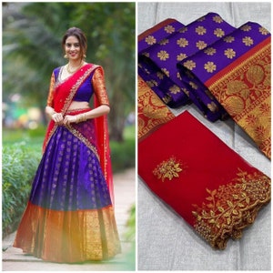 Designer Kanjivaram Silk Half Saree Lehenga With Banarasi Silk Blouse South Indian Wedding Woman Saree Lengha Classic Wear Lehenga for women 7