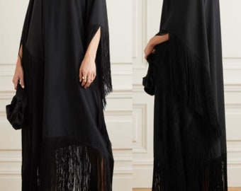 Black Fringe Style Korean Silk Kaftan,  Plus Size Kaftan, Designer Caftans