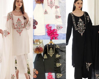 Ensemble Kurti Palazzo brodé noir et blanc, costume pakistanais Shalwar Kameez 3 pièces haut de gamme, robe grande taille, ensembles Salwar Kameez