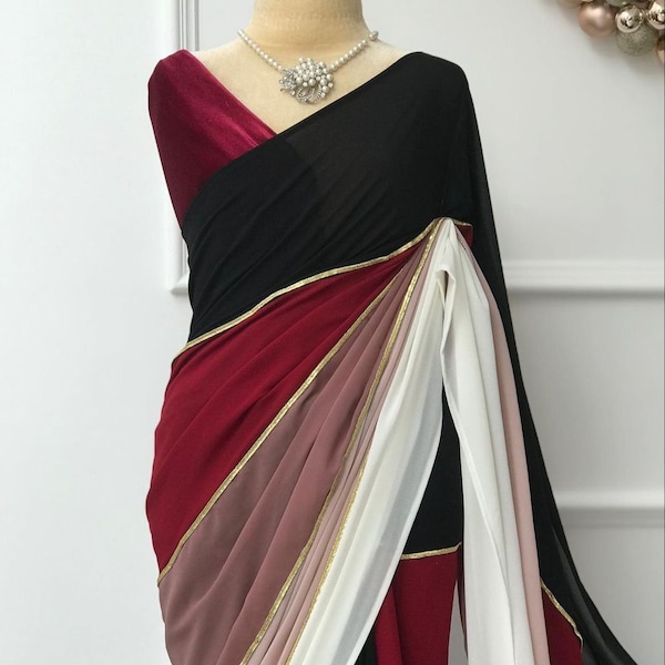Beau sari en georgette imprimé numérique en noir et blanc avec bordure en dentelle fantaisie, sari pour tenue de soirée, sari de mariage, sari décontracté, sari