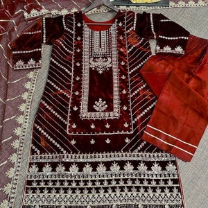 Royal Plum Ice Velvet Zari Embroidered Kurta Palazzo Set With Designer Dupatta