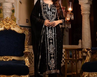 Black & White Embroidered Kurti Palazzo set, Premium 3 piece Readymade Shalwar Kameez Pakistani suit Plus Size dress, Salwar Kameez Sets