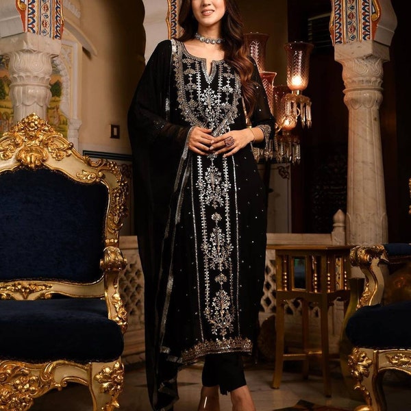 Schwarz-weißes besticktes Kurti Palazzo-Set, Premium 3-teiliges vorgefertigtes Shalwar Kameez pakistanischer Anzug Plus Size Kleid, Salwar Kameez Sets