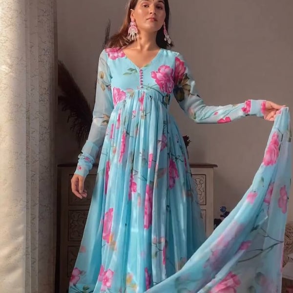 Mooie blauwe bloem bedrukte Anarkali-jurk met Potali-knopen, 3-delige volledig uitlopende Anarkali-jurk Kurta broek & Dupatta Readymade