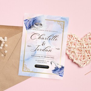 Azzurro etereo: biglietto d'invito a nozze con estetica blu – personalizzabile, digitale e stampabile