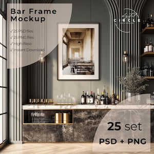 Mockup-bundel met barframe (25 stuks) – mockupframe barwagen en thuisbar | Luxe drankjes muurkunst |  PSD-mockup | Cocktailkunstwerkdisplay