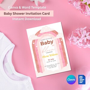 Bewerkbare babyshoweruitnodiging – baby in bloei roze regenboogthema | Canvassjabloon | Bewerkbare download | Afdrukbare uitnodiging voor meisjes