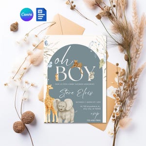 Faire-part de fête prénatale Oh Boy – Thème animaux de safari | Modèle de toile modifiable | Word modifiable | Téléchargement instantané | Invitation imprimable de la jungle