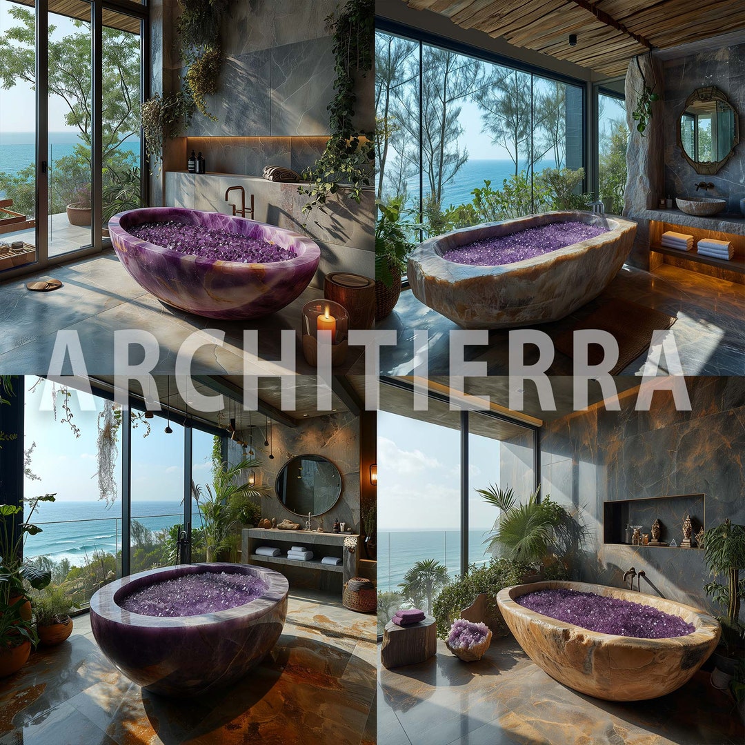 4 Purple Marble Bathroom Interior Mock Ups - Bathtub With View ...