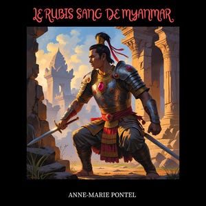 May include: An illustration of a warrior in ornate armor, holding two swords, set against a backdrop of ancient architecture. The image features the text "LE RUBIS SANG DE MYANMAR" and the author's name, "ANNE-MARIE PONTEL", on a black background.
