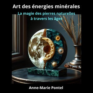 May include: A decorative sculpture featuring a moon and sun design, with the text "Art des énergies minérales" and "La magie des pierres naturelles à travers les âges". The sculpture is on a green marble base.