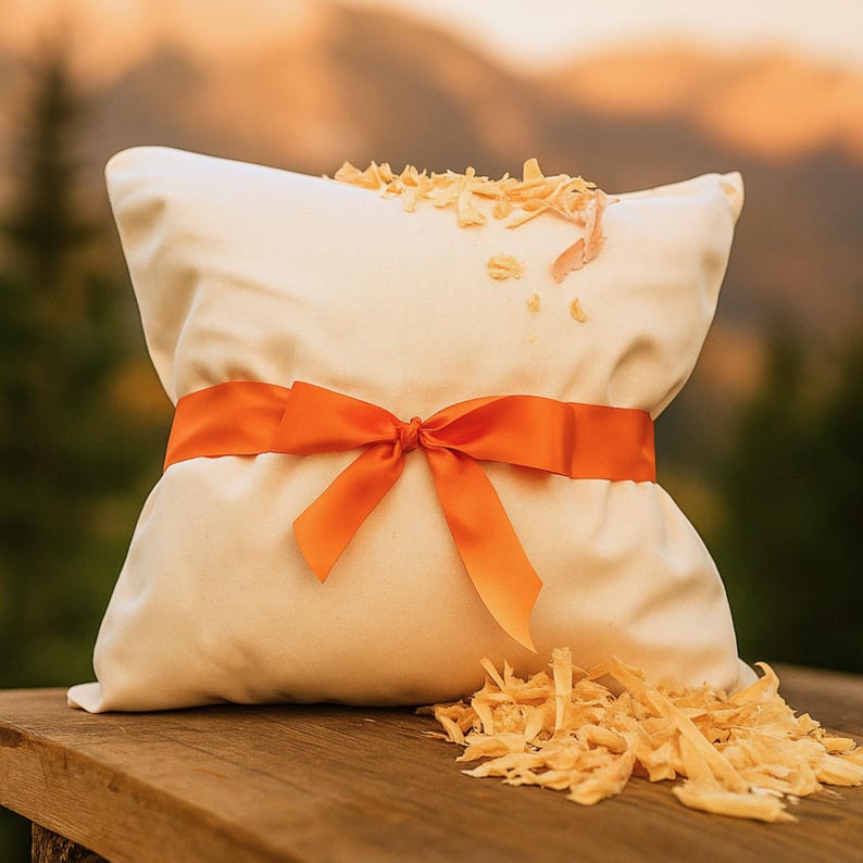 Natürliches Zirbenkissen mit oranger Schleife und Zirbenholzspänen – handgefertigtes Bio-Schlafkissen aus Österreich für Entspannung, Wohlfühlmomente und gesunden Schlaf.