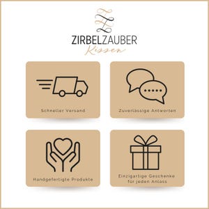 Übersichtsgrafik mit Icons, die die Vorteile von unserer Marke ZIRBELZAUBER zeigen. Darunter schneller Versand, zuverlässige Antworten, handgefertigte Produkte und einzigartige Geschenke.