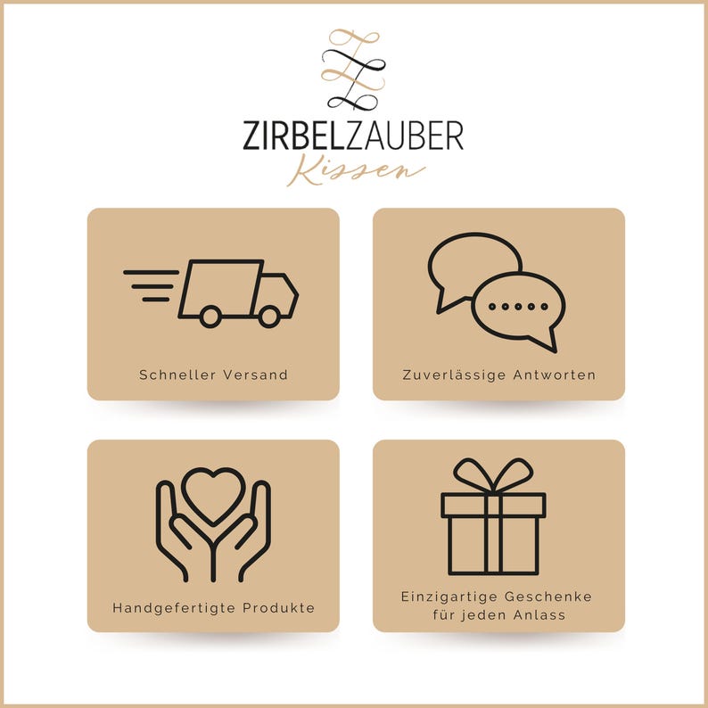 Übersichtsgrafik mit Icons, die die Vorteile von unserer Marke ZIRBELZAUBER zeigen. Darunter schneller Versand, zuverlässige Antworten, handgefertigte Produkte und einzigartige Geschenke.