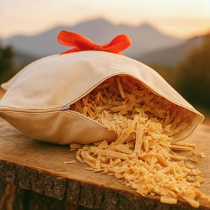 Zirbenkissen aus Bio-Baumwolle, gefüllt mit frischen Zirbenholzspänen – dekoratives Naturprodukt mit Schleife, fotografiert in alpiner Landschaft. Perfektes Geschenk mit dem Duft der Zirbe.