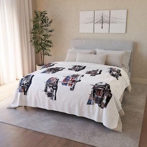 American Trucks Fleece Sherpa Blanket, Classic Car Bedding, Sherpa Car Throw, Cozy Truck and Flag Themed Bedding Unique Auto Enthusiast Gift