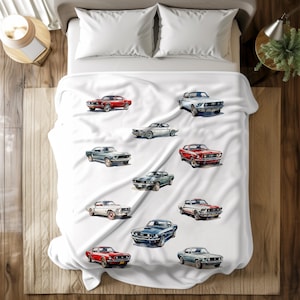Vintage Mustang Fleece Sherpa & Plush Blanket, Cozy Classic Car Themed Throw gift for Kids, Soft Muscle Classic Car Collector Bedding Decor