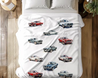 Vintage Mustang Fleece Sherpa & Plush Blanket, Cozy Classic Car Themed Throw gift for Kids, Soft Muscle Classic Car Collector Bedding Decor