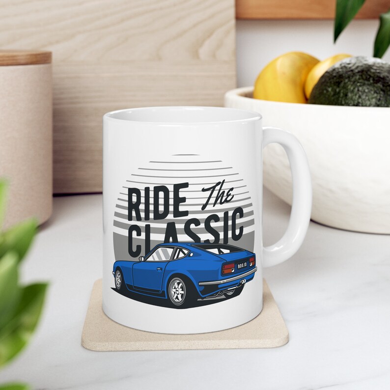 1970 Datsun 240Z Mug on a 11oz Ceramic Coffee Cup as Retro Car Design