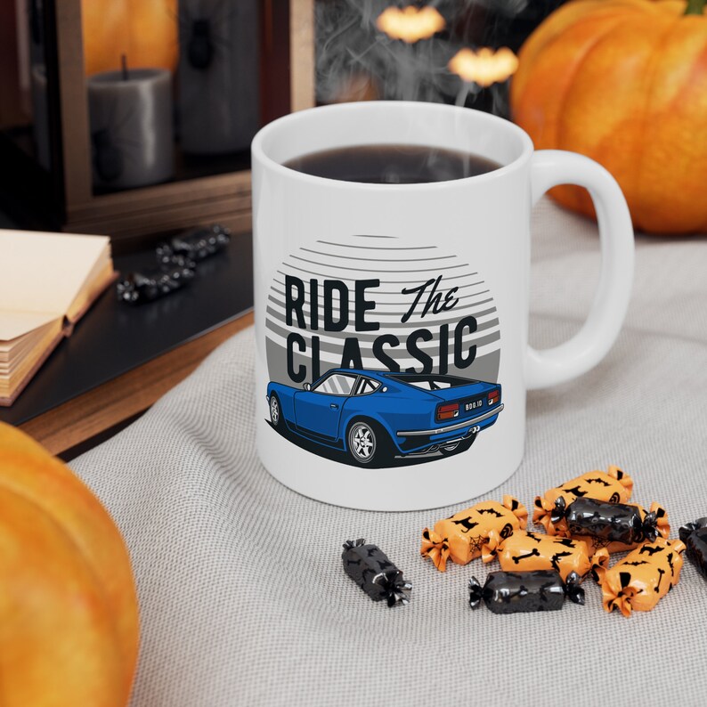 1970 Datsun 240Z Mug on a 11oz Ceramic Coffee Cup as Retro Car Design