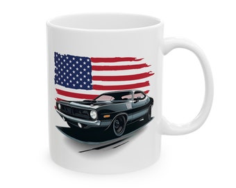 Black 1971 Plymouth Barracuda Mug - Classic Muscle Car with American Flag 11oz Coffee Cup, Ceramic Coffee Mug Patriotic Gift, Gifts for him