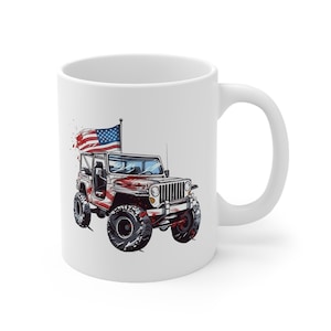 4x4 Off-road Capable, Light Military Utility Vehicle Cup with Stars and Stripes Dad Birthday Gift | All-terrain Vehicle Ceramic Coffee Cup