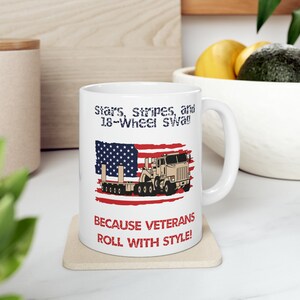 U.S. Army Tank Transporter Tractor Unit with American Flag Mug - Celebrate Veterans' 18-Wheel Swag and Style with this Patriotic Truck Cup
