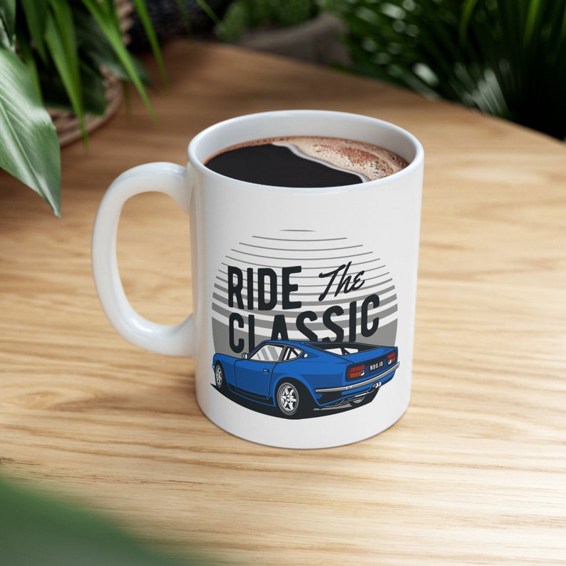 1970 Datsun 240Z Mug on a 11oz Ceramic Coffee Cup as Retro Car Design
