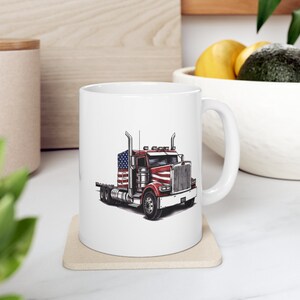 Mug Red Truck Cab with USA Flag | Patriotic Design | 11oz Ceramic Coffee Cup