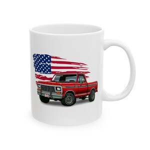 Red 1982 Ford F150 XLT Mug - Classic Truck + American Flag 11oz Coffee Cup for Collectors, Ceramic Coffee Mug Patriotic Gift, Gifts for him