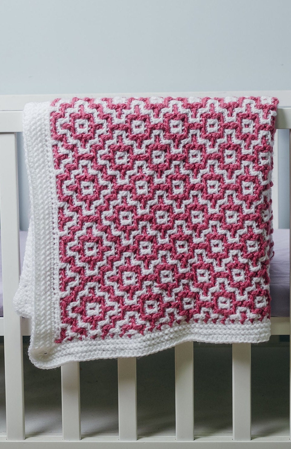 Hand Crocheted Soft Pink & White Baby Blanket 35x35 – Includes Bonus Hat - View #2