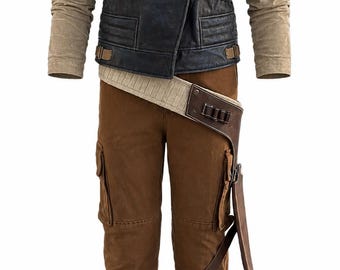 May include: A tan long-sleeve shirt worn under a dark charcoal vest with a diagonal closure. The outfit includes brown cargo pants with side pockets and a brown leather-like utility belt featuring a holster and metallic buckle details.