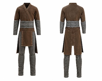 May include: A brown long-sleeved tunic with a wrap-style neckline, paired with a wide grey textured belt and matching grey trousers. The outfit features a brown overskirt panel and grey textured forearm and shin guards, shown from front and back.