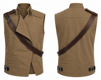 May include: A tan sleeveless vest featuring a high collar, an asymmetrical front closure, and a dark brown diagonal shoulder strap with a black plastic buckle. The garment includes horizontal stitched detailing and black side adjustment buckles.
